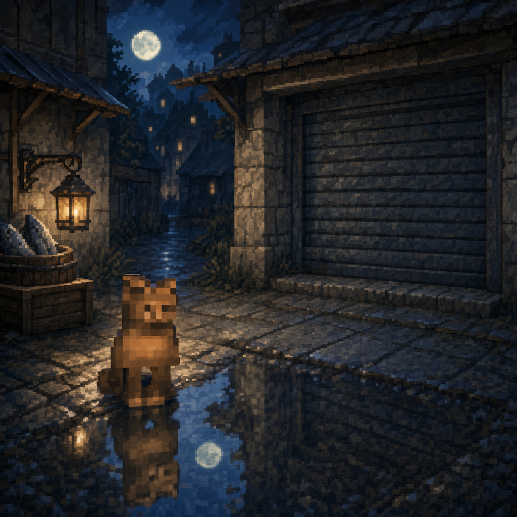 Moonlit Cat beside a moonlit puddle outside a shuttered fish shop